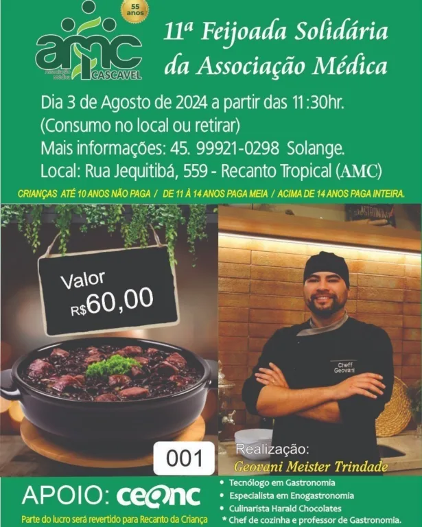 A feijoada, prato tradicional brasileiro, será realizada no dia 3 de agosto, no salão de festas da entidade