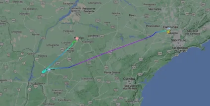 Ontem (7), um voo da Azul que saiu de Campinas teve a rota alternada para Maringá. Foto: Flight Radar