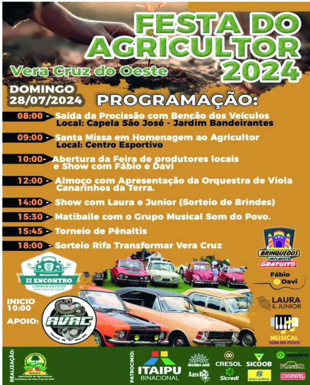 Durante o evento, os visitantes poderão desfrutar de uma variedade de atrações, incluindo exposição e venda de produtos da Agricultura Familiar