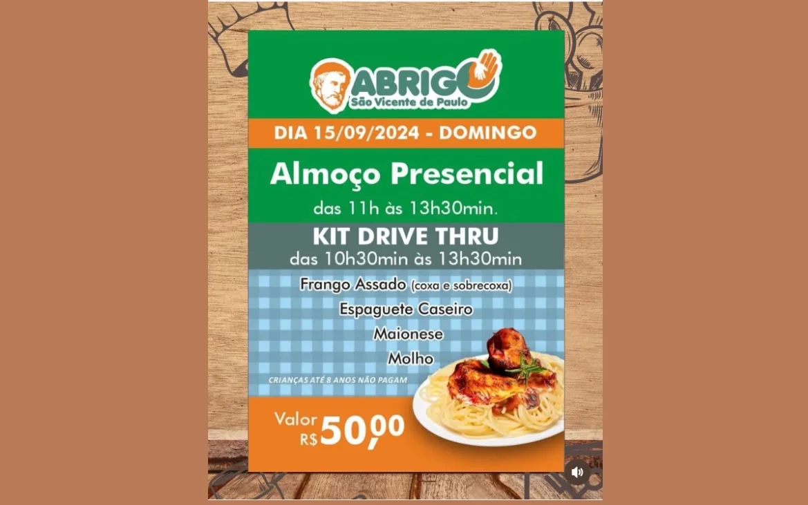 A partir das 11h o almoço será servido para quem for consumir no local, já o serviço de drive thru funcionará das 10h30 às 13h30.