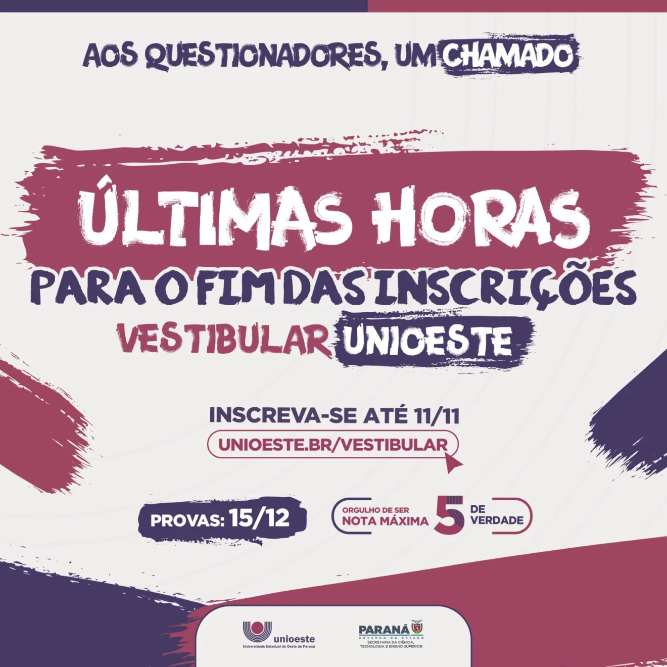 Não perca o prazo! Inscrições para o Vestibular da Unioeste 2025 encerram em breve. Prova em dezembro - Foto: Assessoria Não perca o prazo! Inscrições para o Vestibular da Unioeste 2025 encerram em breve. Prova em dezembro - Foto: Assessoria