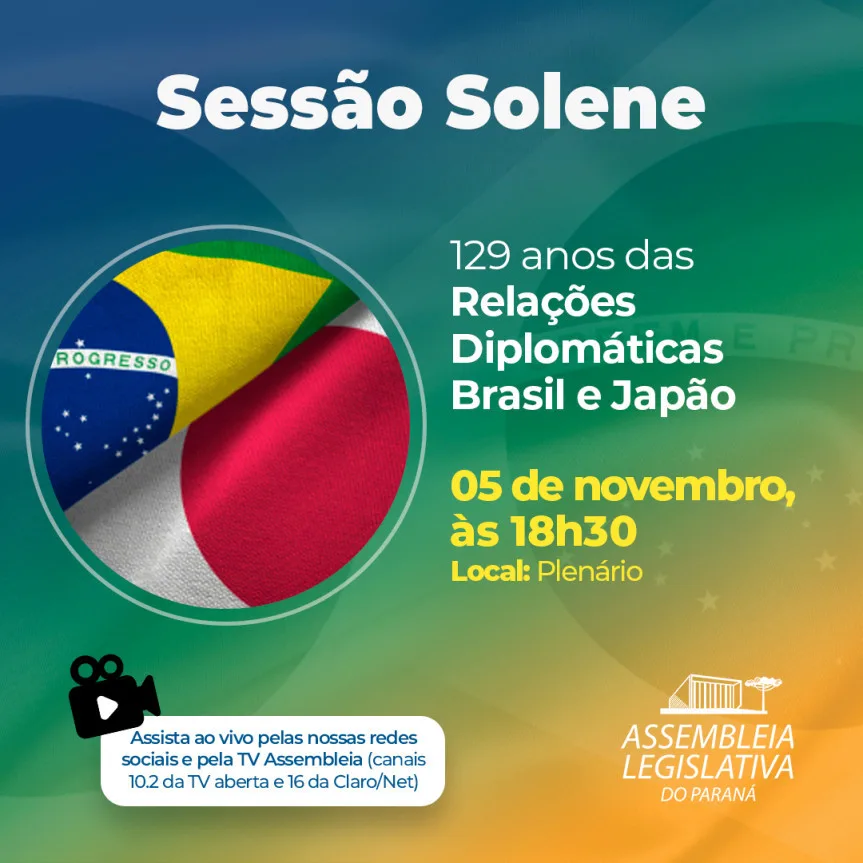 Participe da comemoração dos 129 anos de amizade entre o Brasil e o Japão em uma sessão solene na Assembleia Legislativa do Paraná - Arte: Thalyta D. Wolff