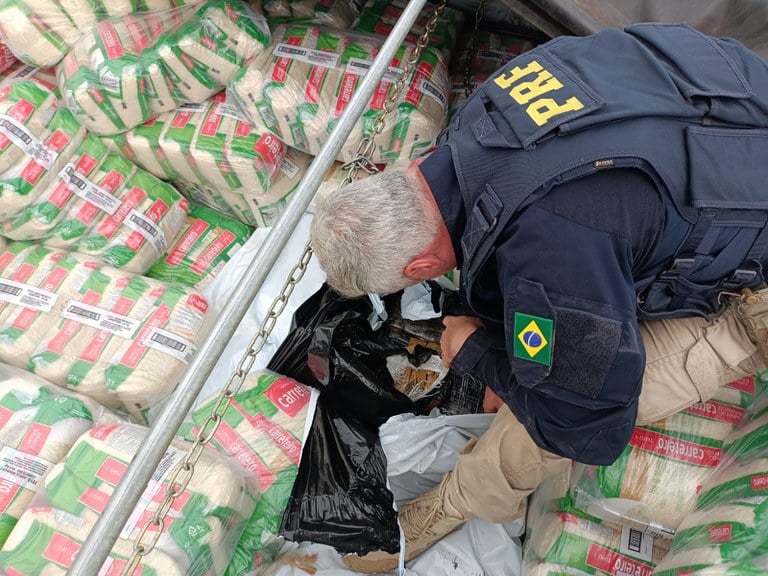 Confira como a PRF interceptou uma carga de 3 toneladas de maconha disfarçada sob arroz em uma ação na estrada - Foto: PRF Confira como a PRF interceptou uma carga de 3 toneladas de maconha disfarçada sob arroz em uma ação na estrada - Foto: PRF