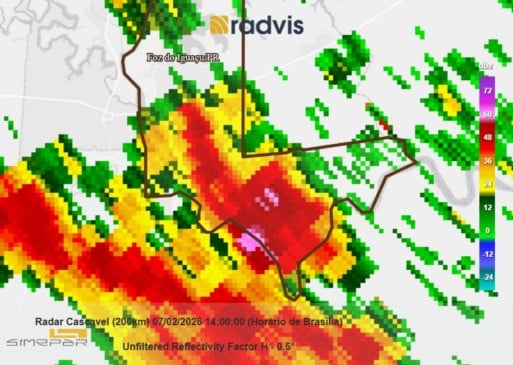 Imagem do radar no momento da passagem do tornado. Foto: Simepar