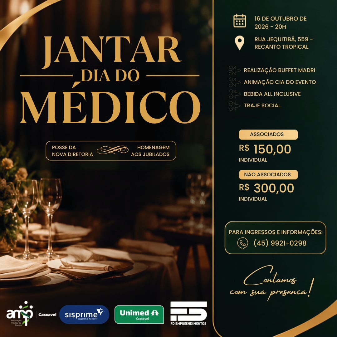 Jantar do Dia do Médico terá posse da nova diretoria e homenagem aos jubilados