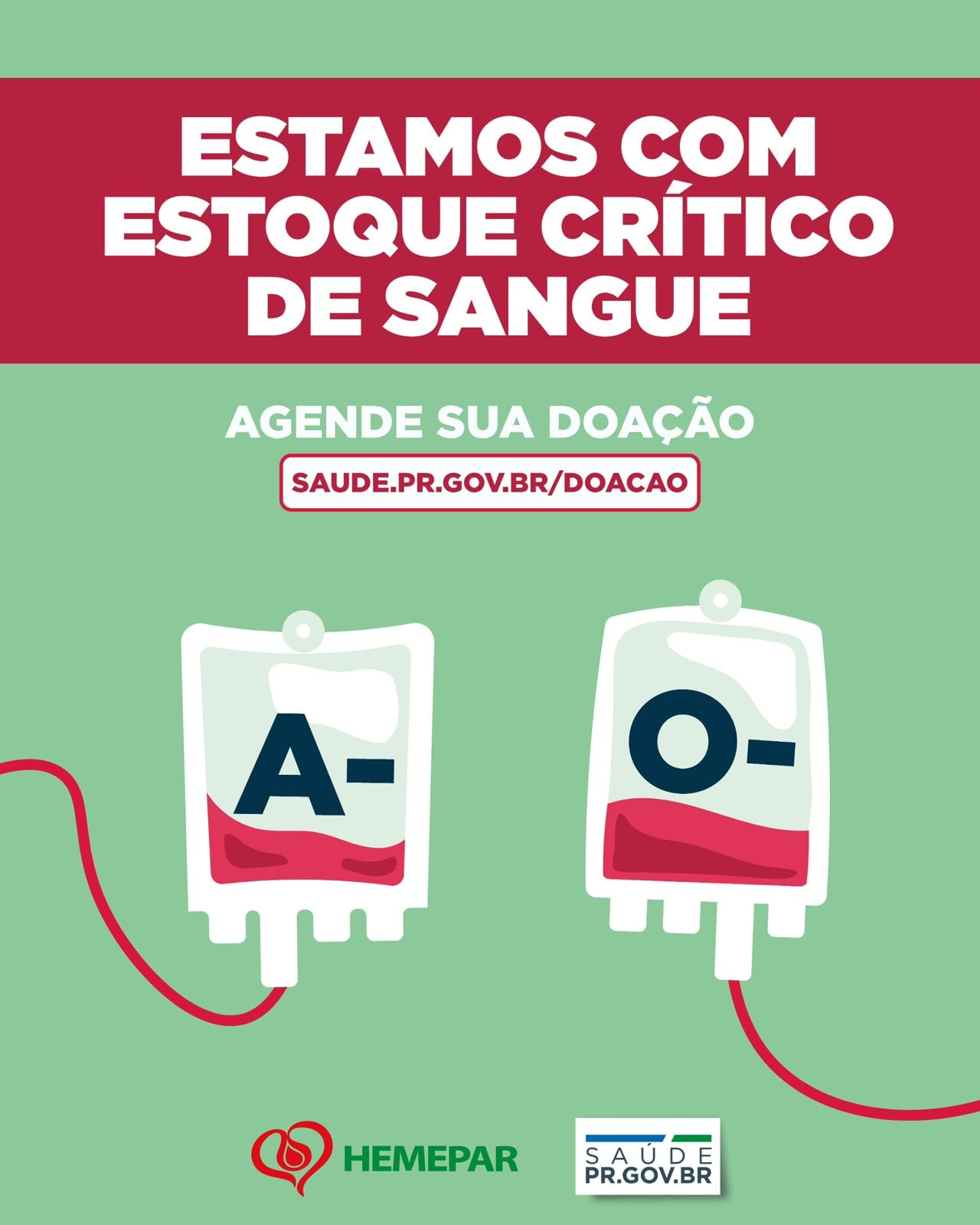 Hemepar alerta para estoque crítico de sangue dos tipos O- e A- no Paraná