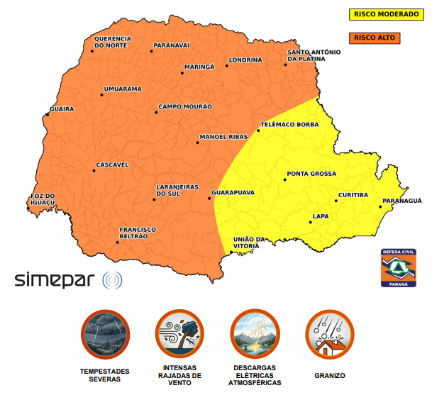 Domingo terá risco alto para tempestades severas no Paraná; Oeste está entre áreas de maior atenção