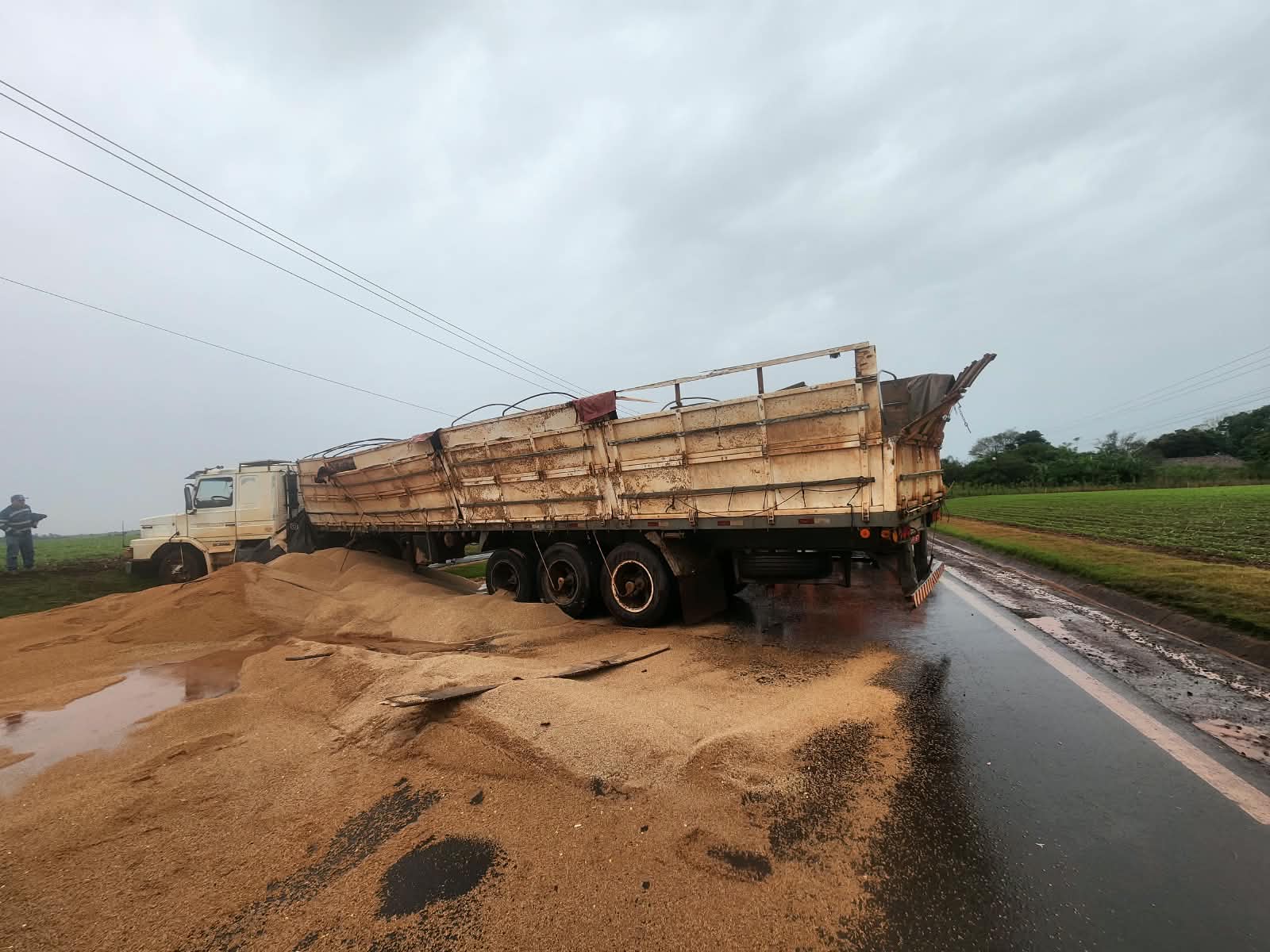 Caminhão carregado com trigo tomba na PR-495 e provoca interdição total da rodovia em Pato Bragado