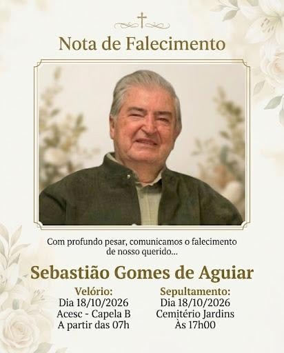 Nota de falecimento de Sebastião Gomes de Aguiar