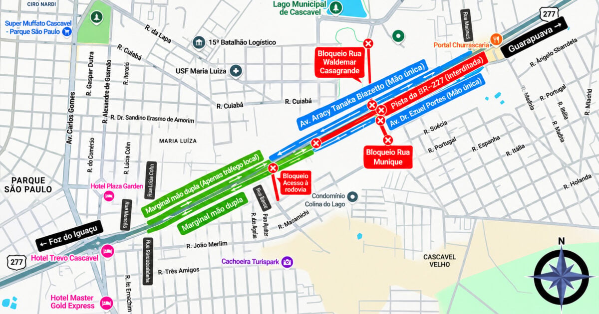 Segunda-feira terá alterações no trânsito da BR-277 e novo binário em Cascavel