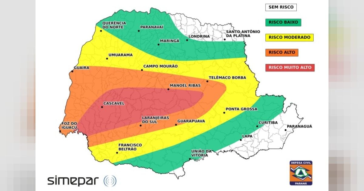 Paraná pode registrar mais de 200 mm de chuva no sábado; Cascavel está em área de risco muito alto